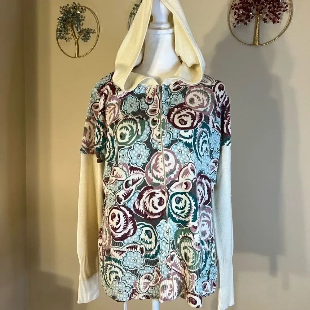 Womens Chadwick's Floral Pink Blue Cream Full Zip ACrylic Wool Blend Hoodie XL